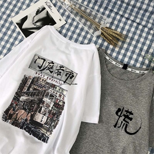 港风平铺情侣装夏装宽松简约印花短袖t恤半袖上衣XZ1306 T02图片