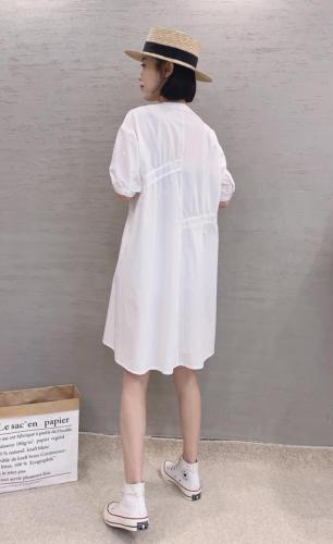 XL9917韩版夏季新款圆领宽松显瘦打褶皱单排扣中长款连衣裙,女装连衣裙,L·H·X