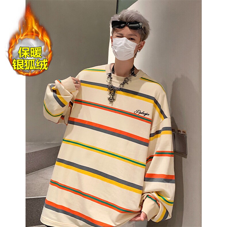 薄款改加绒特批P50无差价冬新条纹加绒加厚长袖T恤男士T1701J加绒,男装T恤,电商A001-1