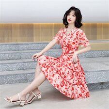雪纺碎花连衣裙女2023夏仙女印花V领收腰不规则鱼尾裙连衣裙4881，女装连衣裙，韩蔻秀