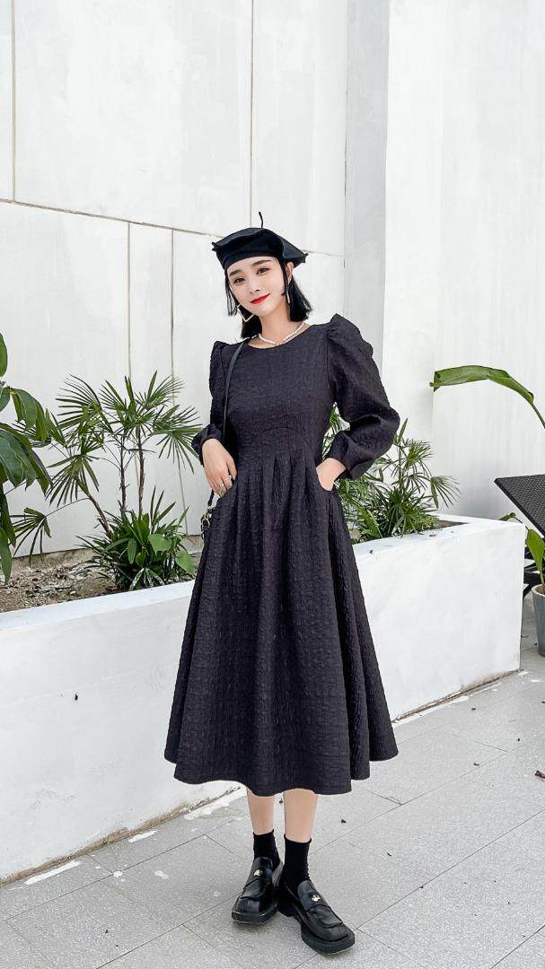 时尚圆领泡泡袖收腰连衣裙，女装连衣裙，Balance Studio