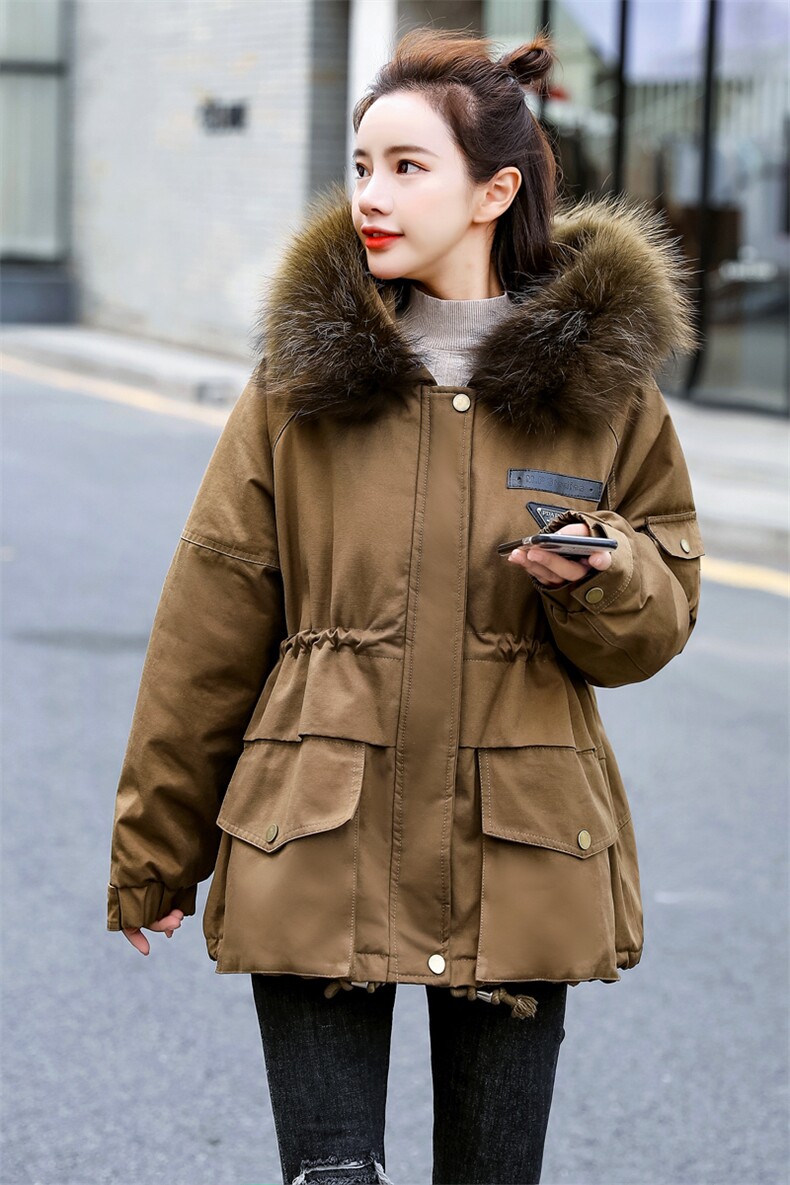 棉衣/棉服2021新款冬兔毛中长款工装带帽棉服女外套配毛领,女装派克服,瑶迪依秀