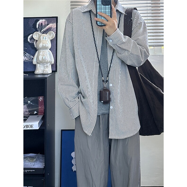 高品质牛仔条纹衬衫潮牌长袖衬衣潮流宽松休闲外套CS017-P30,男装衬衫,星座301C-5