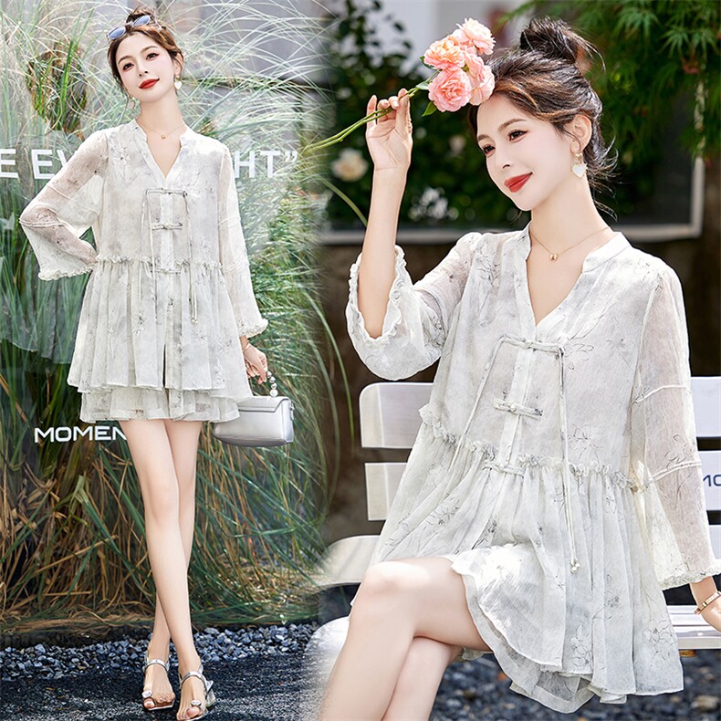 新中式国风雪纺衬衫短裤两件套女夏新款轻薄小个子穿搭高级感套装，女装套装/套裙，朵莱米
