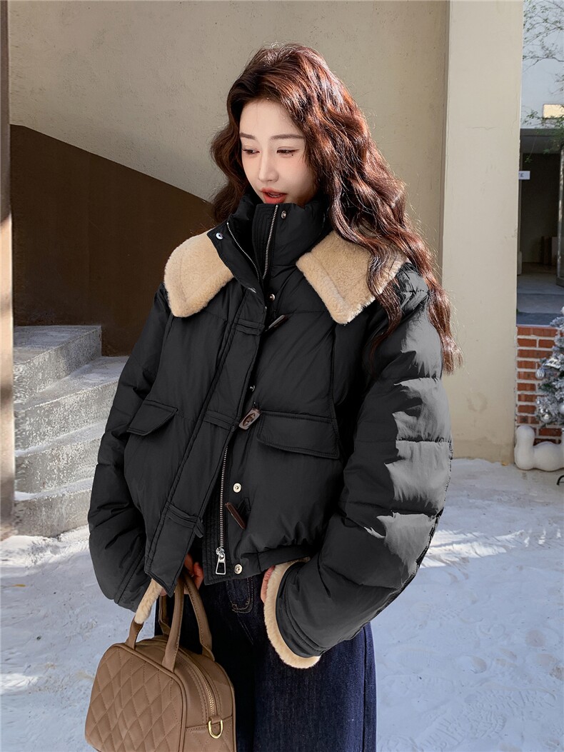羊羔毛美拉德短款羽绒服女2025冬季新款咖色小个子翻领外套,女装羽绒服,玖莱伊