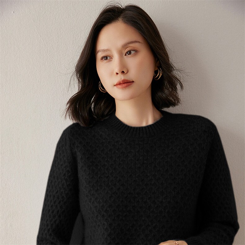 2025年秋季新款七针圆领小圆型花纹针织上衣时尚休闲通勤百搭,女装羊绒衫,米琪莲羊绒