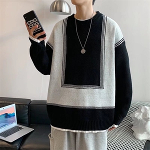 网红毛衣男春秋款潮流黑白方形拼色GM23P40图片