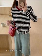 春秋薄款精纺羊毛条纹针织开衫女宽松拼色减龄刺绣休闲圆领外套潮，女装针织衫/毛衣，鑫之绒