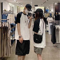 抖音得物高品质二开240克宽松纯棉美式潮牌插肩袖拼接短袖T恤，男装T恤，电商A486