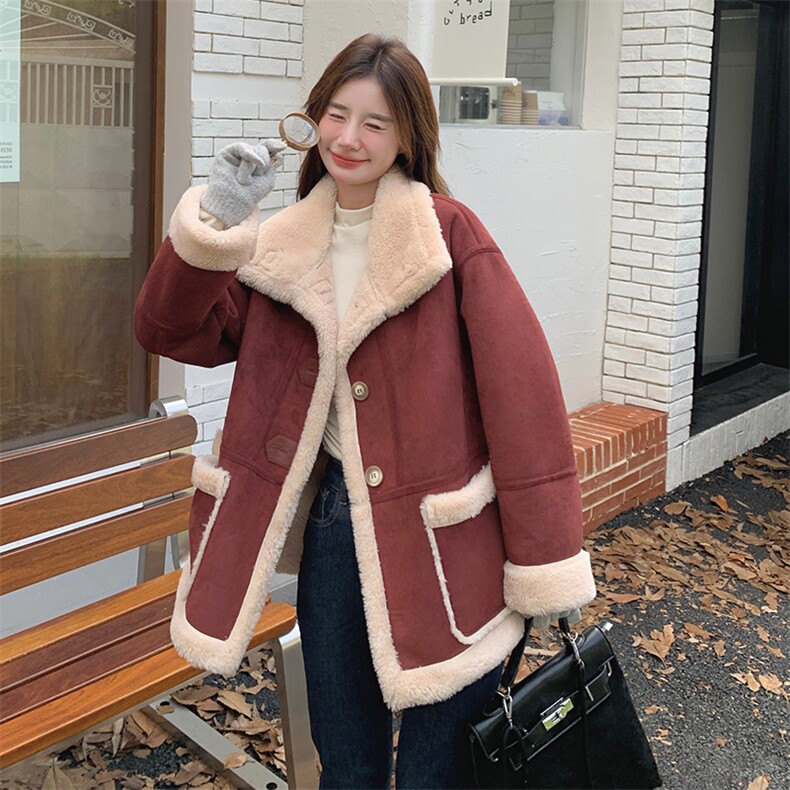 红色复古麂皮绒立领羊羔毛外套女2025冬季小个子洋气保暖皮毛一体，女装羊羔毛/颗粒绒，浪娴服饰