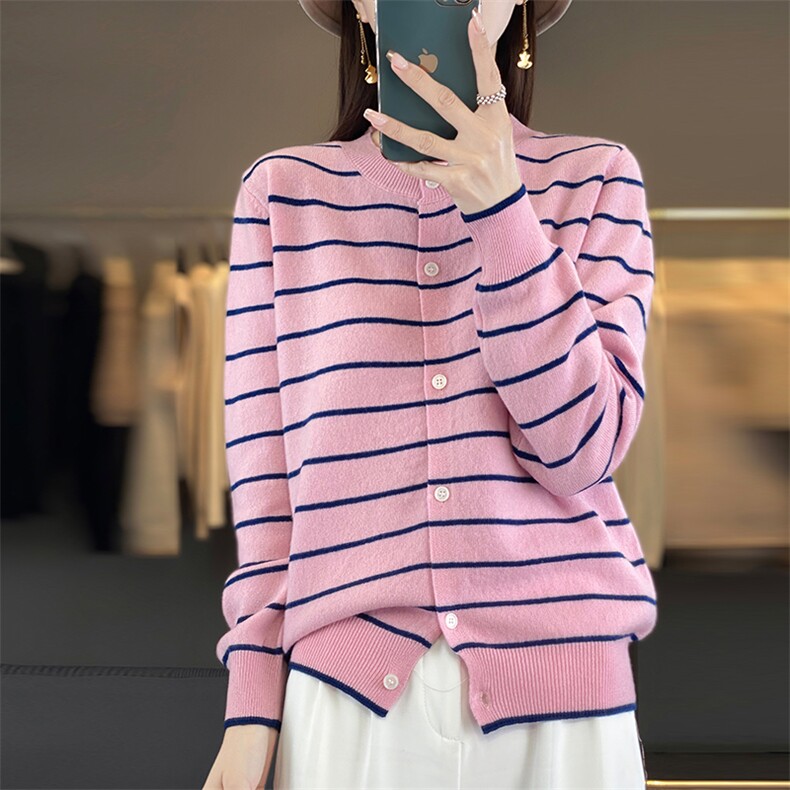 女士秋冬新款百搭简约时尚条纹圆领羊毛开衫,女装羊毛衫,悦玛羊绒