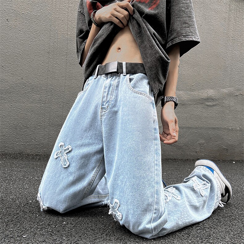 美式街头十字架牛仔裤男夏季高街ins潮牌hiphop炸街拖地裤子薄款,男装牛仔裤,星座1008-1
