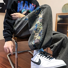 潮小熊拼接刺绣牛仔裤男嘻哈痞帅宽松直筒大码裤子XK66133特p35，男装牛仔裤，电商A042