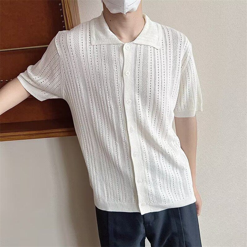 美式复古镂空方领短袖针织衫夏季时髦宽松慵懒蕾丝半袖高级男衬衣,男装T恤,星座218-1（原230）