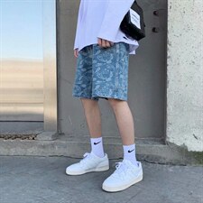 腰果花裤子ins潮牌五分牛仔裤男直筒宽松chic港味短裤男DK25-p40图片