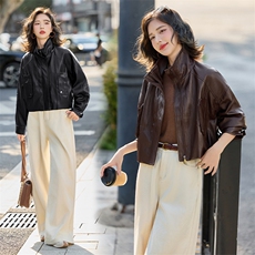 海宁2026新款气质时尚百搭拉链皮衣外套女高级感立领夹克，女装皮衣，美拉德工厂直营店