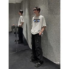 抖音得物210克现货宽松纯棉美式潮牌印花落肩袖纯棉T恤AT21123，男装T恤，电商A443