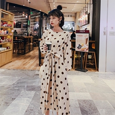 现货杏色复古波点圆点雪纺连衣裙1318A-6621138，女装连衣裙，西子