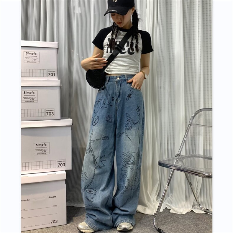 欧美街涂鸦阔腿牛仔裤男女宽松oversize古着感休闲长裤RK831-P45,男装牛仔裤,星座412-3