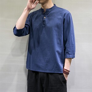 春夏风宽松大码棉麻七分短袖男汉服t恤DSA008/T064/P45图片