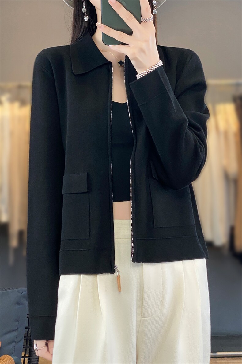 2025春季新款精仿羊毛针织开衫女POLO领外套纯色百搭上衣拉链外套,女装羊毛衫,优麦羊绒（原洪叶羊绒）