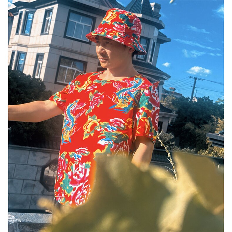 HT203夏男休闲东北大花民族风牡丹花圆领短袖T恤青少年大码男女潮，男装T恤，星座115A-2