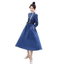 时尚显瘦牛仔连衣裙女长袖高腰修身气质淑女风裙子，女装连衣裙，秋水欣儿