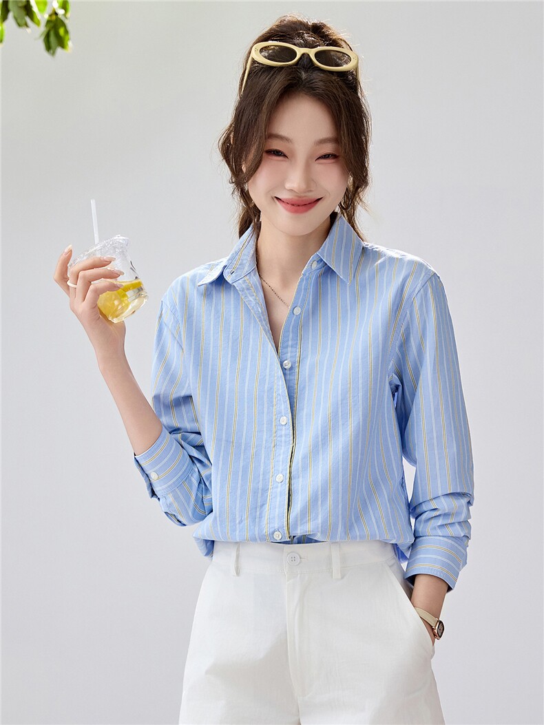 2026春夏新款黄蓝条纹衬衫女宽松显瘦元气少女感衬衣韩系清爽竖条,女装衬衫,艾米
