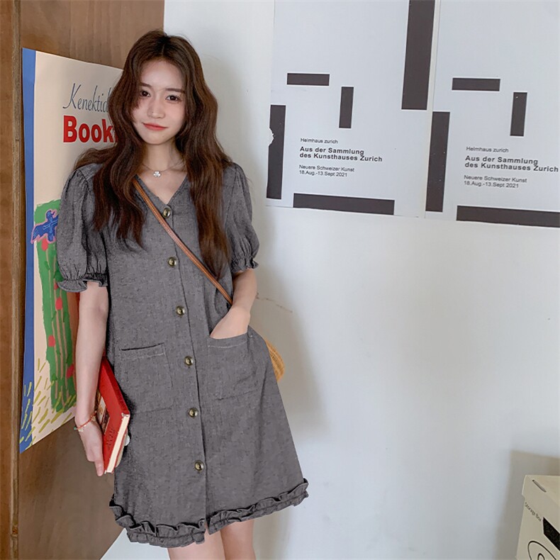 小个子温柔风木耳边牛仔裙夏季新款泡泡袖学生休闲减龄连衣裙女裙图片