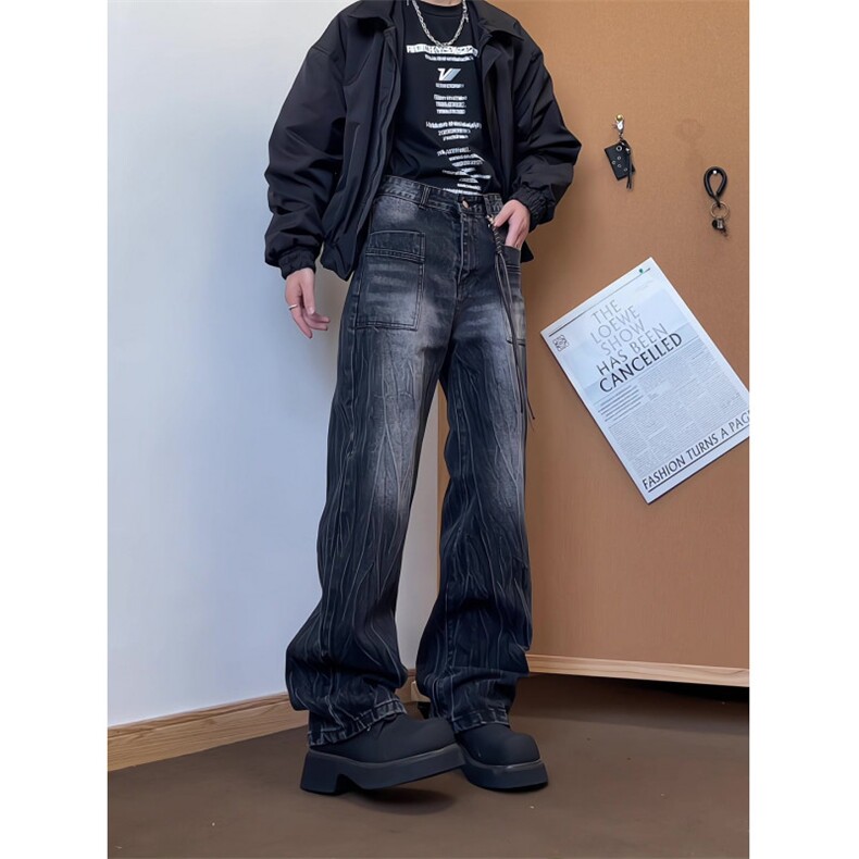 xz905-2-Z023#P65-（控98）美式高街宽松阔腿牛仔裤,男装牛仔裤,星座905