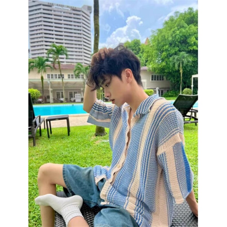 欧美硬汉镂空针织开衫男高级感宽松冰丝衬衣凉薄透气条纹衬衣外套,男装衬衫,四季星座505