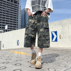 美式复古迷彩晕染多口袋休闲短裤男宽松直筒阔腿七分裤D0238-P58，男装牛仔裤，星座308B-2