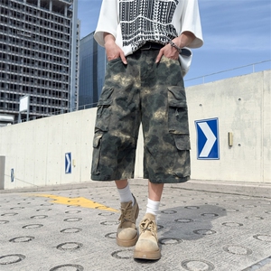 美式复古迷彩晕染多口袋休闲短裤男宽松直筒阔腿七分裤D0238-P58图片