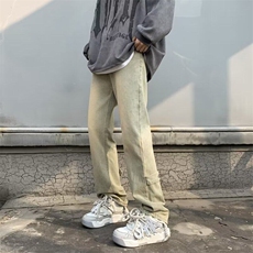 水洗做旧复古黄泥牛仔裤男美式高街vibe直筒微喇长裤子痞帅修身潮，男装牛仔裤，星座601-1