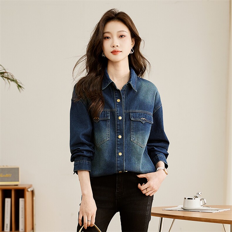 中长款牛仔衬衫女士早春秋季新款高级感上衣欧货休闲外套女,女装衬衫,姿萝菲