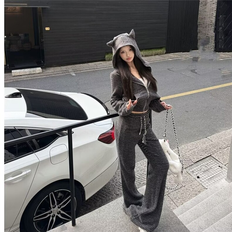 休闲运动套装女2025春季韩版慵懒风灰色连帽卫衣外套阔腿裤两件套,男装休闲套装,星座1210-1