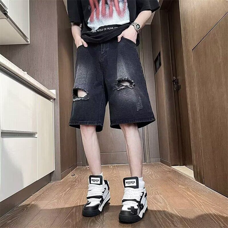 破洞牛仔裤男女韩版潮流高街帅百搭2025夏季ins五分裤RK2747-P43,男装牛仔裤,星座412-3