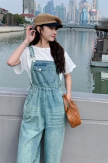 韩版学院风复古牛仔背带裤女2025夏季新款高腰显瘦减龄直筒连体裤，女装连体裤，2C087