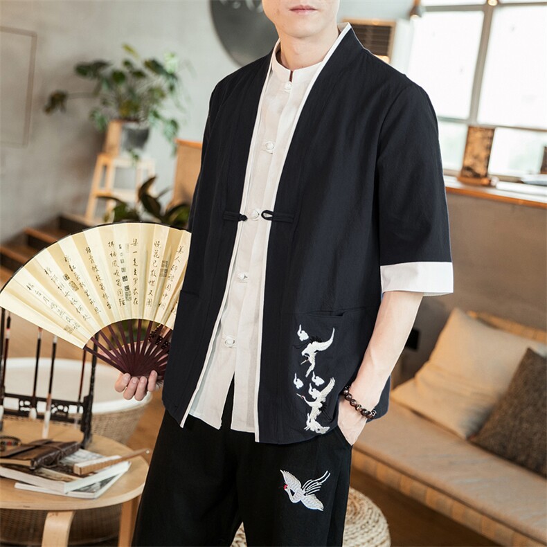 风外套五分袖男唐装盘扣开衫道袍和服宽松夹克茶服 M129 P50图片
