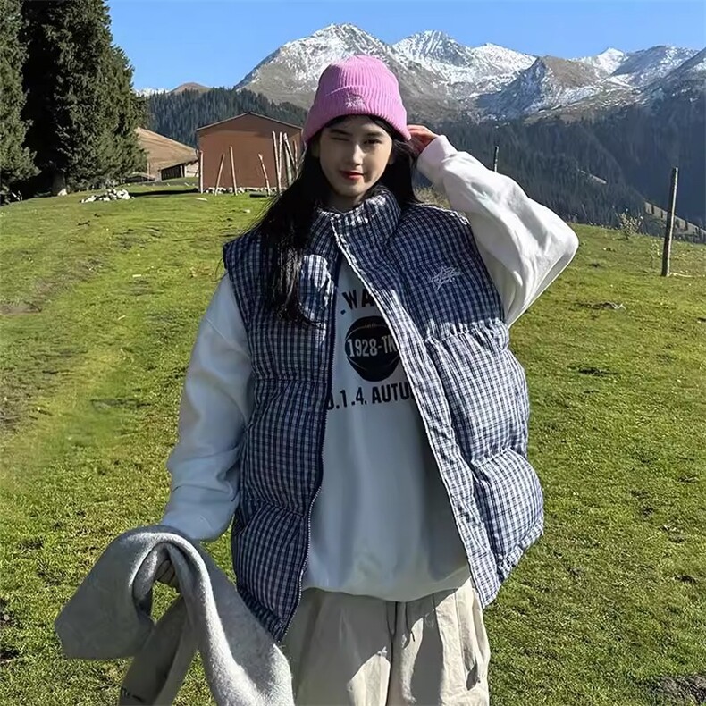 冬季美式复古马甲女宽松立领格子背心坎肩加绒加厚棉服潮,男装背心/马甲,星座1210-1