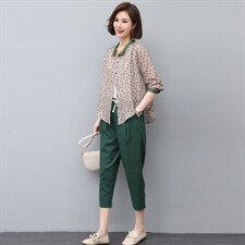 时尚棉麻套装女2022秋装新款韩版印花衬衫休闲裤两件套潮，女装大码女装，奕阳依阁