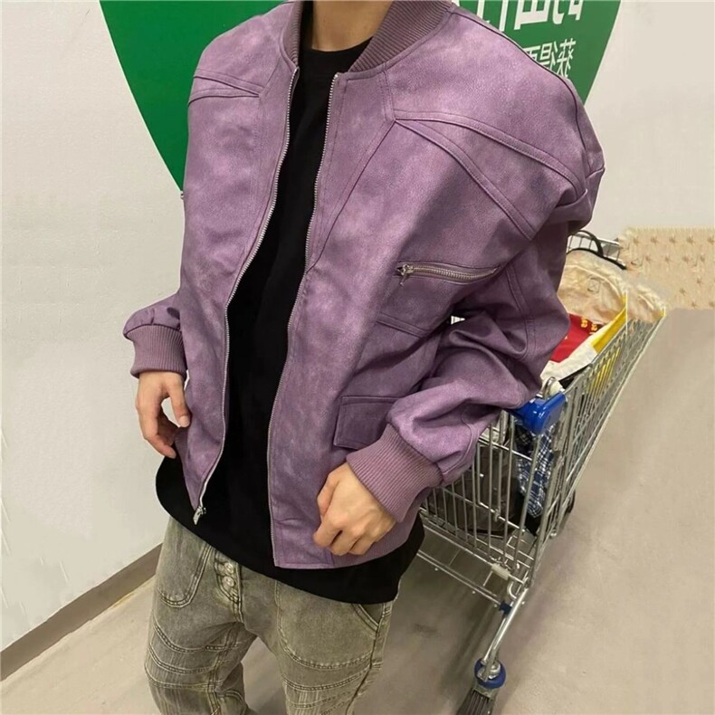 高级感紫色皮衣外套男女情侣宽松街头百搭拉链口袋夹克33266-p69,男装夹克,星座1008