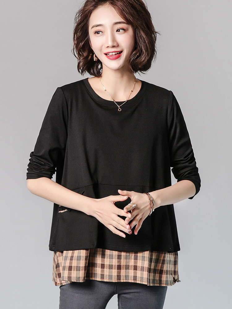 纯色咖格拼接假两件卫衣2021春季新款套头舒适休闲,女装卫衣/绒衫,深水步