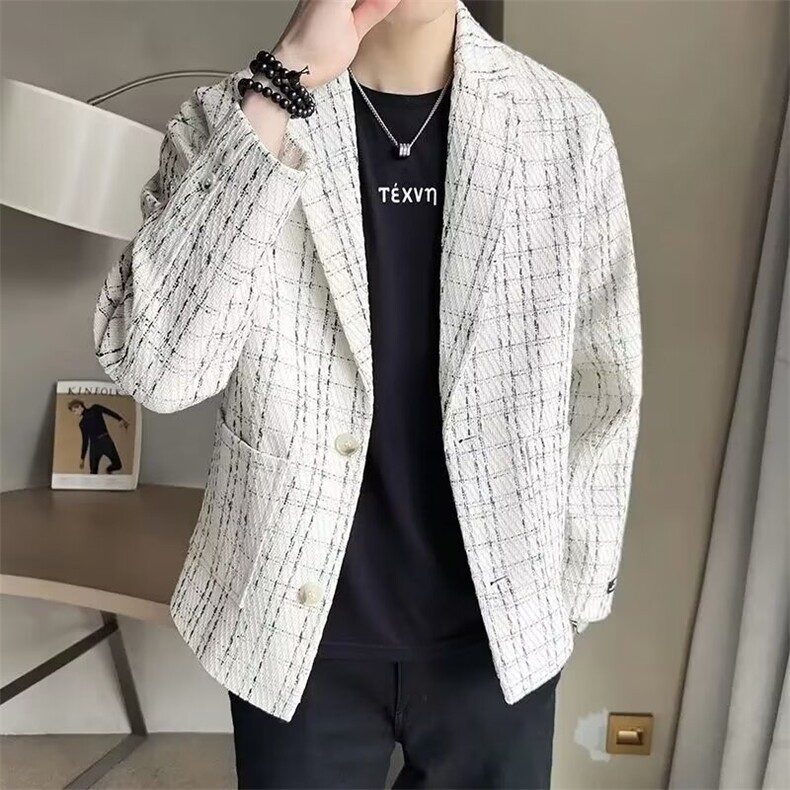 春秋季韩版潮流小香风西装外套男潮牌痞帅格子休闲西服高级感夹克,男装夹克,星座218-1（原230）