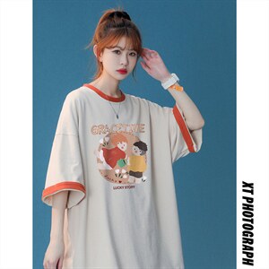 中性  春夏新款宽松复古卡通印花撞色圆领短袖T恤女T6260 P35控48图片
