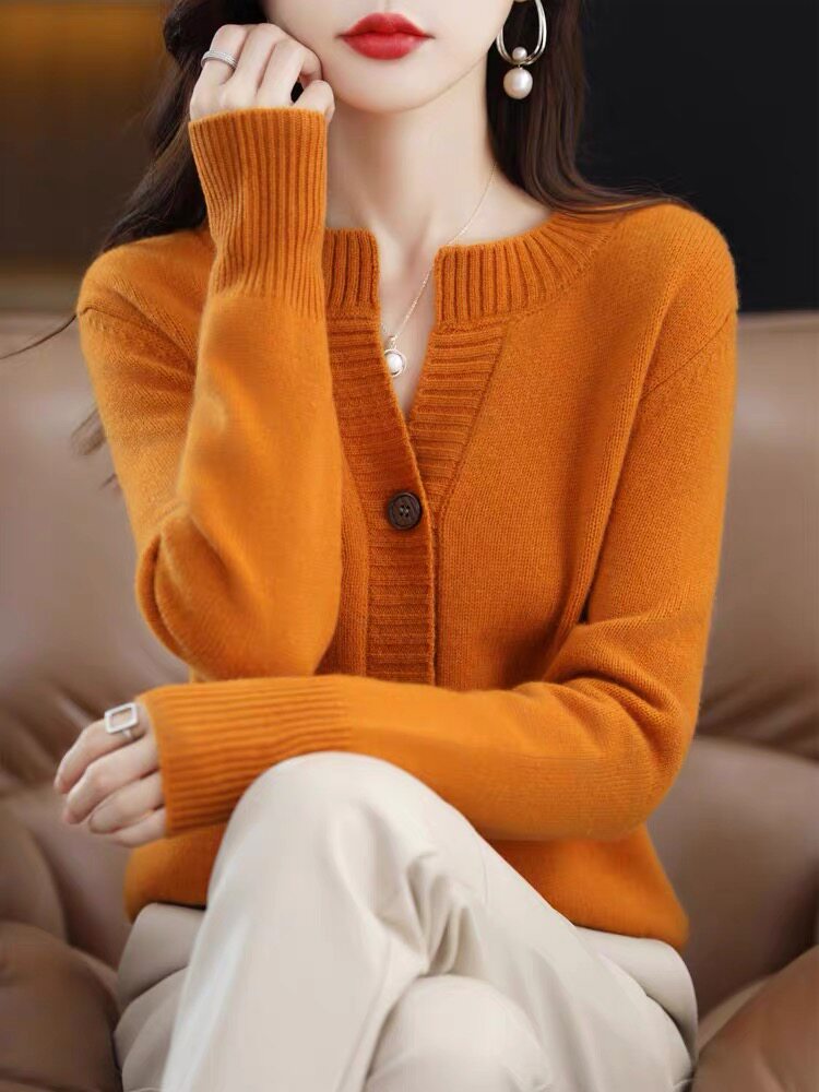 圆领系扣条纹开衫女休闲减龄通勤百搭气质外套图片