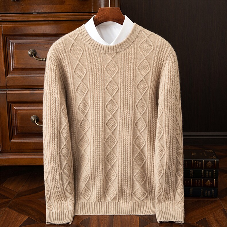 高品质羊绒男士套头衫经典麻花编织保暖舒适商务休闲男装，男装羊绒套衫，欧力羊绒
