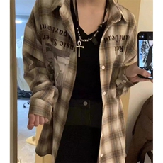 春秋夏新款美式复古街头格子衬衣宽松字母印花长袖衬衫外套，男装衬衫，星座506A