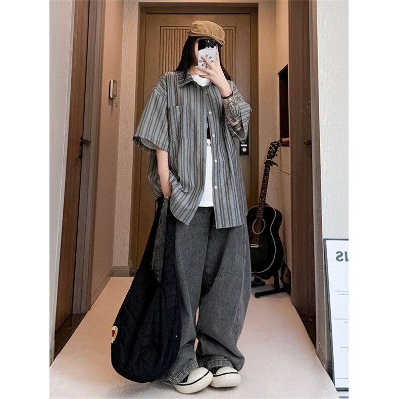 特批P27无差价夏季复古竖条纹撞色翻领大码短袖衬衫男外套CD5476，男装衬衫，电商A001