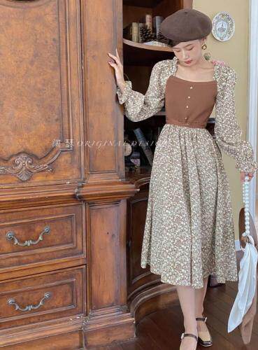 返单款碎花拼接毛织连衣裙，女装连衣裙，阔瑟